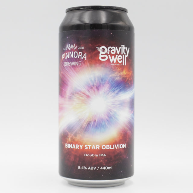 This is a can of Gravity Well - Binary Star Oblivion - 8.4% (440ml). It is a Double IPA craft beer available to buy from Ghost Whale, voted London's best craft beer shop.