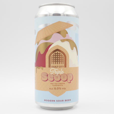 This is a can of Vault City - Triple Scoop: PBJ Ice Cream Sandwich - 8% (440ml). It is a Sour craft beer available to buy from Ghost Whale, voted London's best craft beer shop.