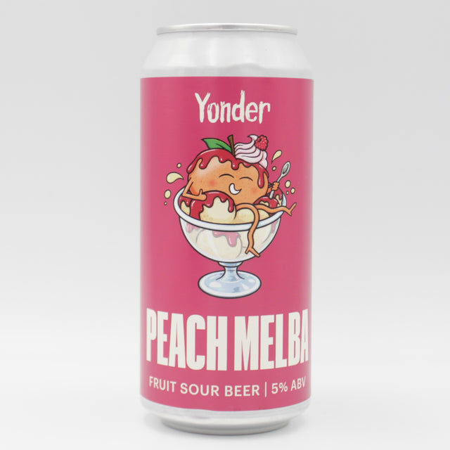 This is a can of Yonder - Peach Melba - 5% (440ml). It is a Sour craft beer available to buy from Ghost Whale, voted London's best craft beer shop.