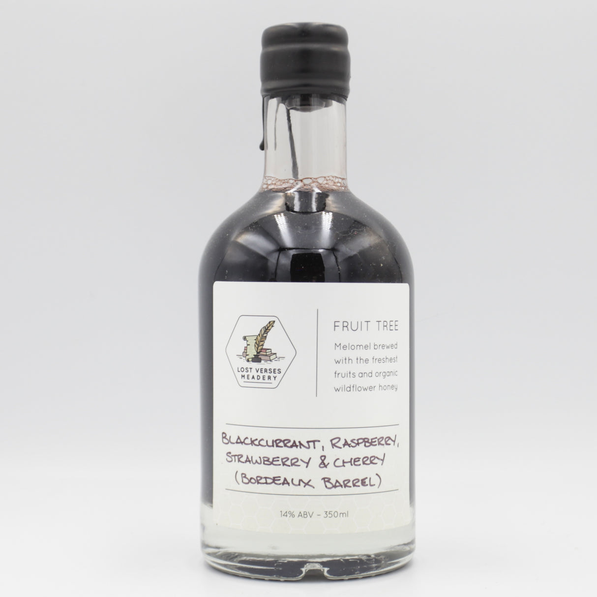This is a bottle of Lost Verses Meadery - Fruit Tree: Blackcurrant, Raspberry, Strawberry & Cherry (Bordeaux Barrel) - 14% (350ml). It is a  craft mead available to buy from Ghost Whale, voted London's best craft beer shop.