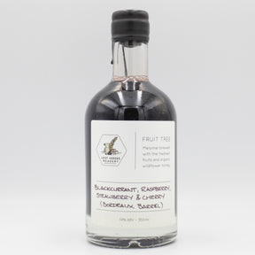 This is a bottle of Lost Verses Meadery - Fruit Tree: Blackcurrant, Raspberry, Strawberry & Cherry (Bordeaux Barrel) - 14% (350ml). It is a  craft mead available to buy from Ghost Whale, voted London's best craft beer shop.
