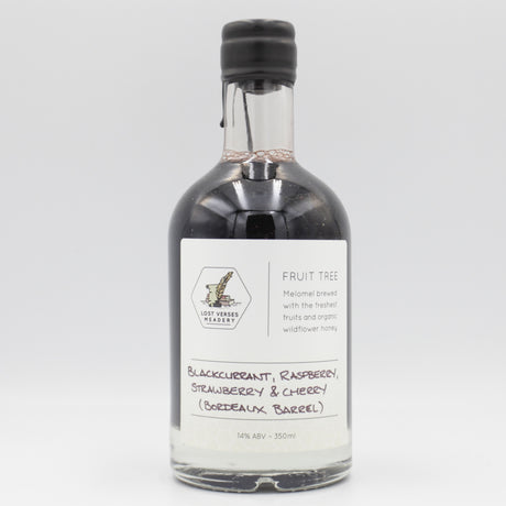 This is a bottle of Lost Verses Meadery - Fruit Tree: Blackcurrant, Raspberry, Strawberry & Cherry (Bordeaux Barrel) - 14% (350ml). It is a  craft mead available to buy from Ghost Whale, voted London's best craft beer shop.