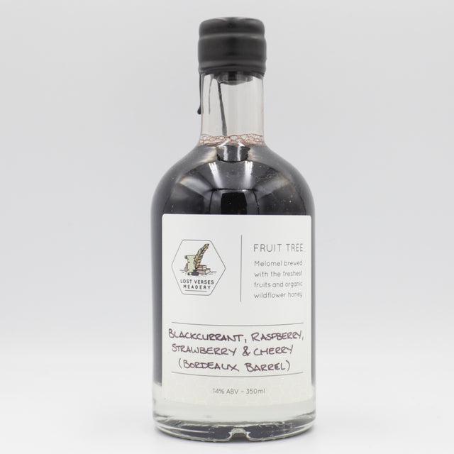 This is a bottle of Lost Verses Meadery - Fruit Tree: Blackcurrant, Raspberry, Strawberry & Cherry (Bordeaux Barrel) - 14% (350ml). It is a  craft mead available to buy from Ghost Whale, voted London's best craft beer shop.