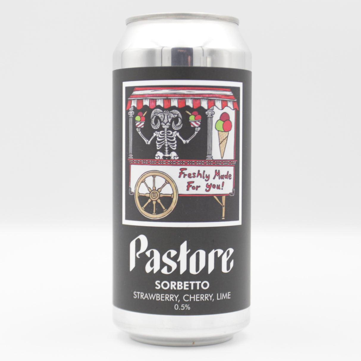 This is a can of Pastore - Sorbetto: Strawberry, Cherry & Lime - 0.5% (440ml). It is a Sour craft beer available to buy from Ghost Whale, voted London's best craft beer shop.
