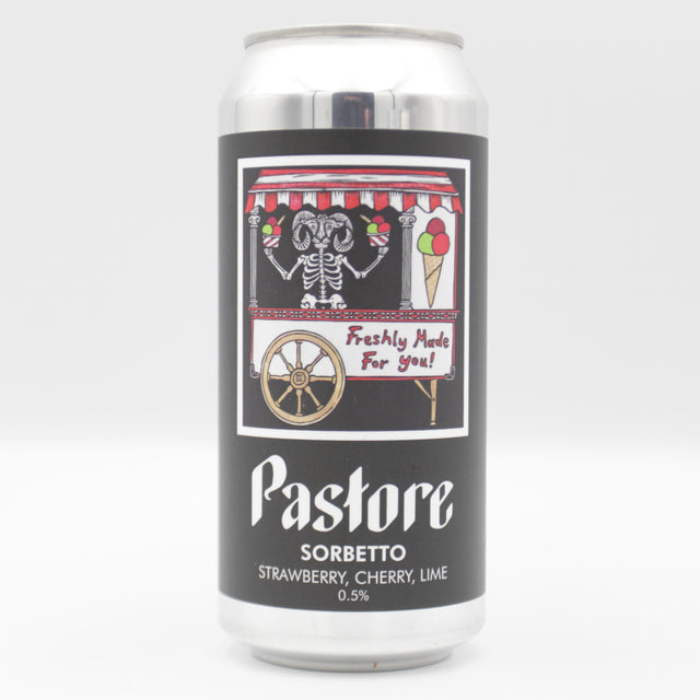 This is a can of Pastore - Sorbetto: Strawberry, Cherry & Lime - 0.5% (440ml). It is a Sour craft beer available to buy from Ghost Whale, voted London's best craft beer shop.