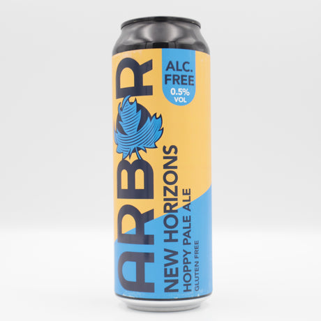 This is a can of Arbor - New Horizons - 0.5% (568ml). It is a Pale Ale craft beer available to buy from Ghost Whale, voted London's best craft beer shop.