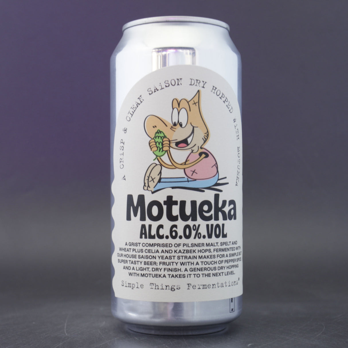 This is a can of Simple Things Fermentations - Saison Motueka - 6% (440ml). It is a Saison craft beer available to buy from Ghost Whale, voted London's best craft beer shop.
