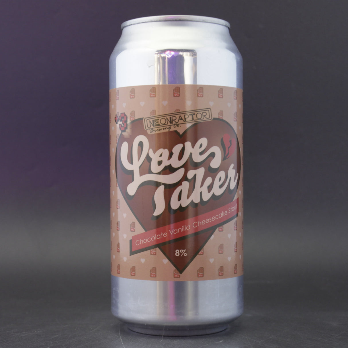 This is a can of Neon Raptor - Love Taker - 8% (440ml). It is a Stout / Porter craft beer available to buy from Ghost Whale, voted London's best craft beer shop.