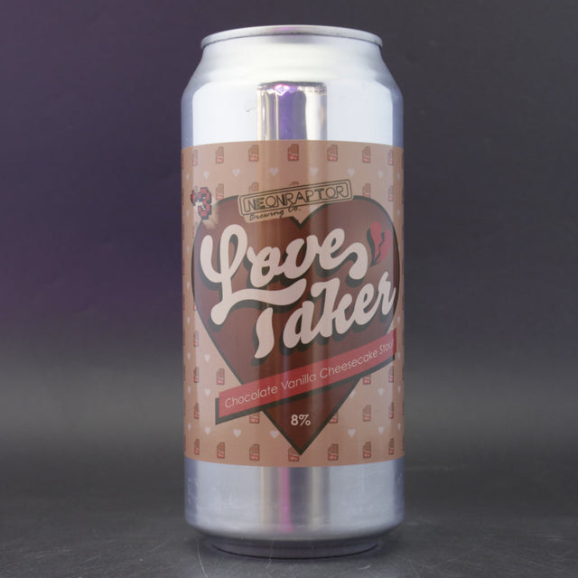 This is a can of Neon Raptor - Love Taker - 8% (440ml). It is a Stout / Porter craft beer available to buy from Ghost Whale, voted London's best craft beer shop.