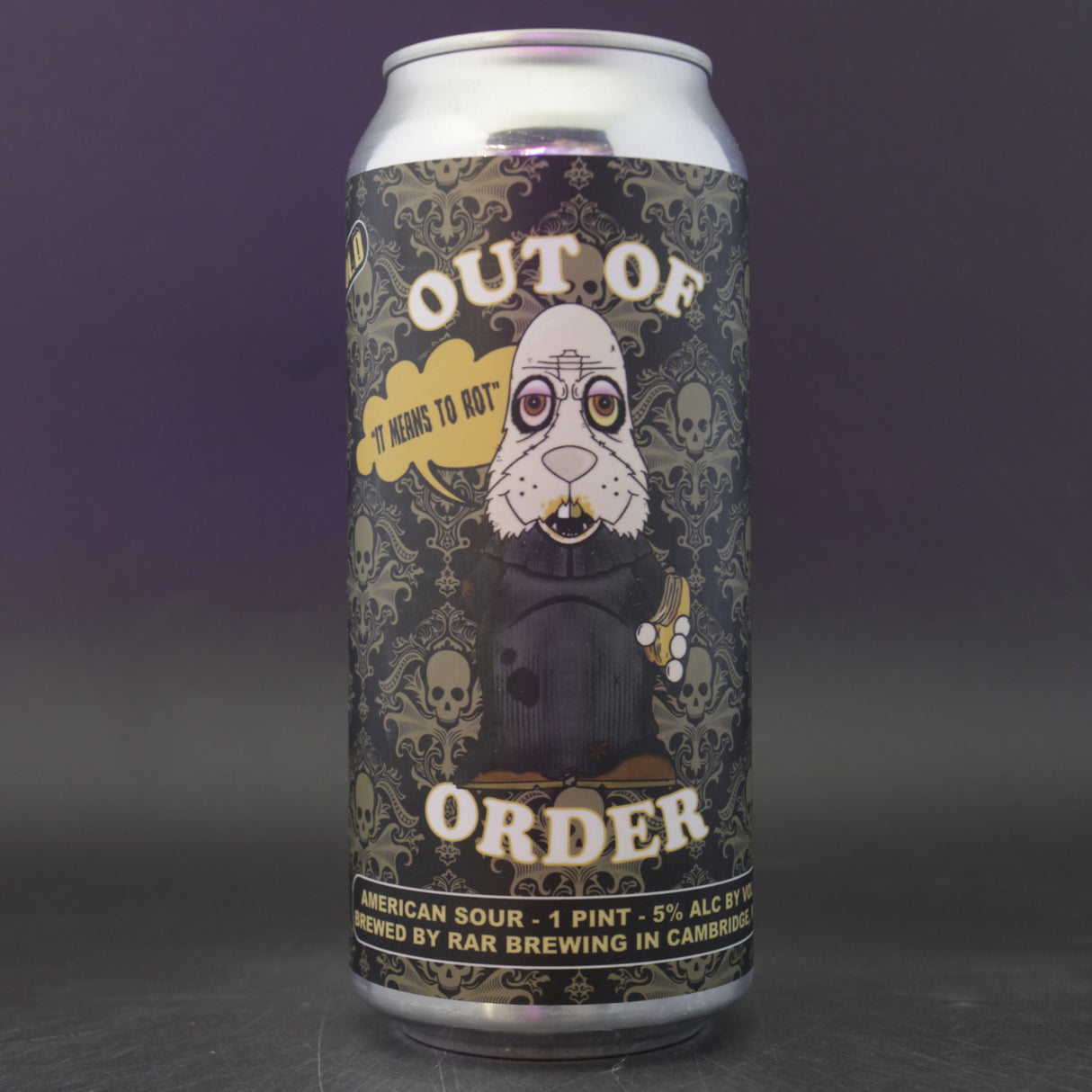 This is a can of RAR Brewing - Out Of Order: It Means To Rot - 5% (470ml). It is a Sour craft beer available to buy from Ghost Whale, voted London's best craft beer shop.