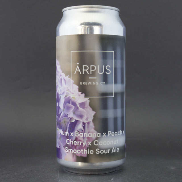 This is a can of Arpus Brewing Co - Plum X Banana X Peach X Cherry X Coconut Smoothie Sour Ale - 5.5% (440ml). It is a Sour craft beer available to buy from Ghost Whale, voted London's best craft beer shop.