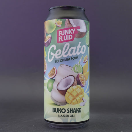 This is a can of Funky Fluid - Gelato: Buko Shake - 5.5% (500ml). It is a Sour craft beer available to buy from Ghost Whale, voted London's best craft beer shop.