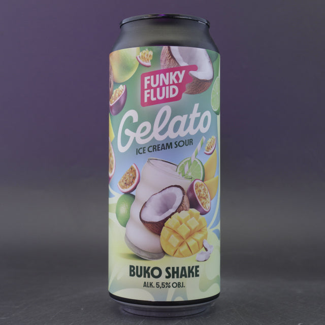 This is a can of Funky Fluid - Gelato: Buko Shake - 5.5% (500ml). It is a Sour craft beer available to buy from Ghost Whale, voted London's best craft beer shop.