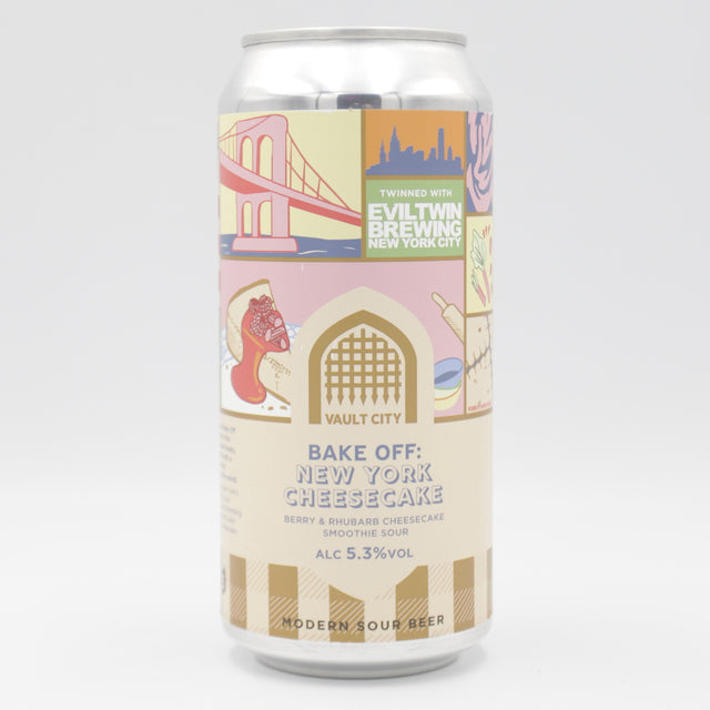 This is a can of Vault City / Evil Twin - Bake Off: New York Cheesecake - 5.3% (440ml). It is a Sour craft beer available to buy from Ghost Whale, voted London's best craft beer shop.