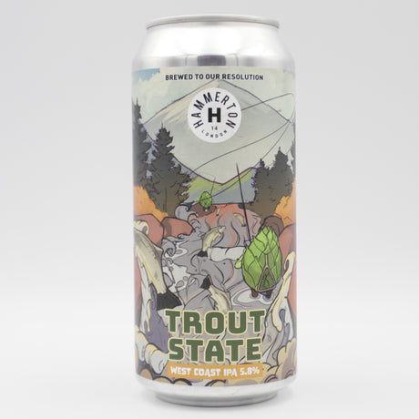 This is a can of Hammerton - Trout State - 5.8% (440ml). It is a Pale Ale craft beer available to buy from Ghost Whale, voted London's best craft beer shop.