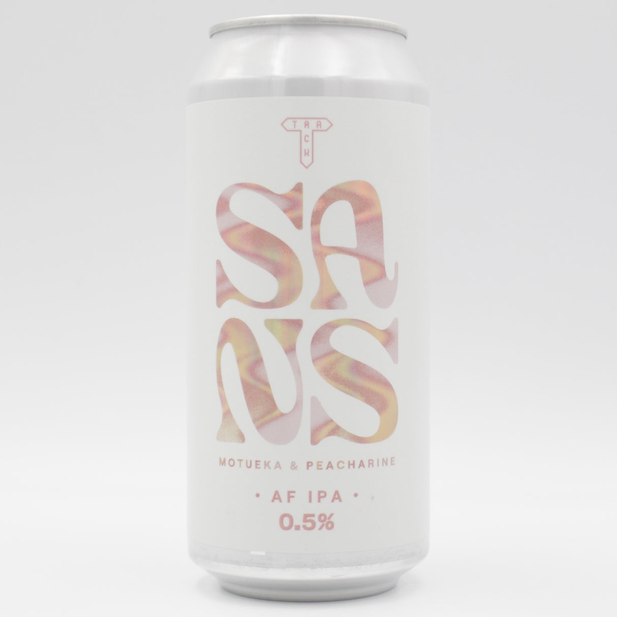 This is a can of Track - SANS: Motueka & Peacharine - 0.5% (440ml). It is a IPA craft beer available to buy from Ghost Whale, voted London's best craft beer shop.