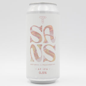This is a can of Track - SANS: Motueka & Peacharine - 0.5% (440ml). It is a IPA craft beer available to buy from Ghost Whale, voted London's best craft beer shop.