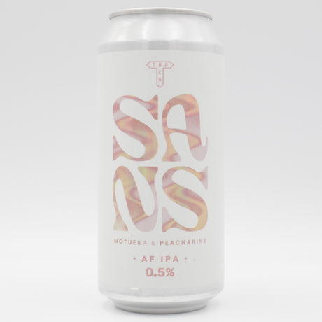 This is a can of Track - SANS: Motueka & Peacharine - 0.5% (440ml). It is a IPA craft beer available to buy from Ghost Whale, voted London's best craft beer shop.