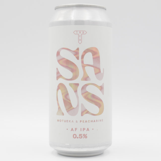 This is a can of Track - SANS: Motueka & Peacharine - 0.5% (440ml). It is a IPA craft beer available to buy from Ghost Whale, voted London's best craft beer shop.