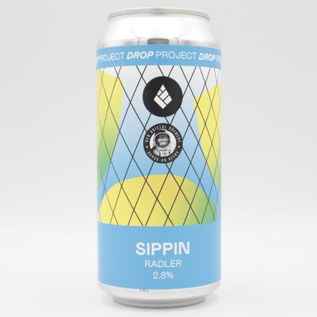 This is a can of Drop Project / New Bristol Brewery - Sippin - 2.8% (440ml). It is a Radler craft beer available to buy from Ghost Whale, voted London's best craft beer shop.