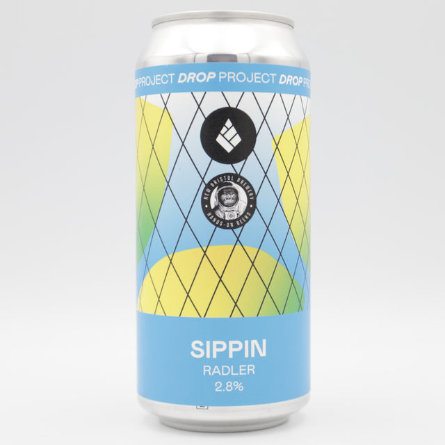 This is a can of Drop Project / New Bristol Brewery - Sippin - 2.8% (440ml). It is a Radler craft beer available to buy from Ghost Whale, voted London's best craft beer shop.