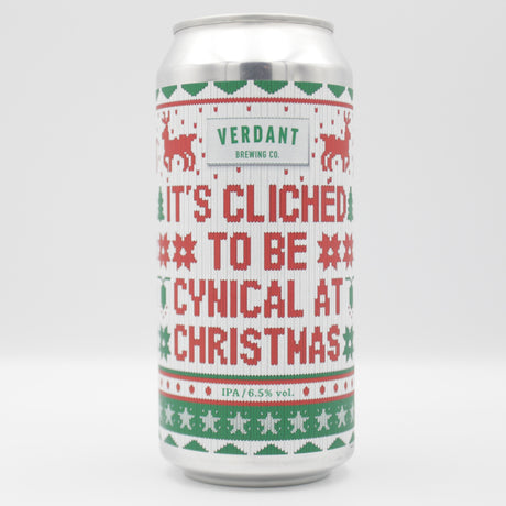This is a can of Verdant - It's Clichéd To Be Cynical At Christmas - 6.5% (440ml). It is a IPA craft beer available to buy from Ghost Whale, voted London's best craft beer shop.