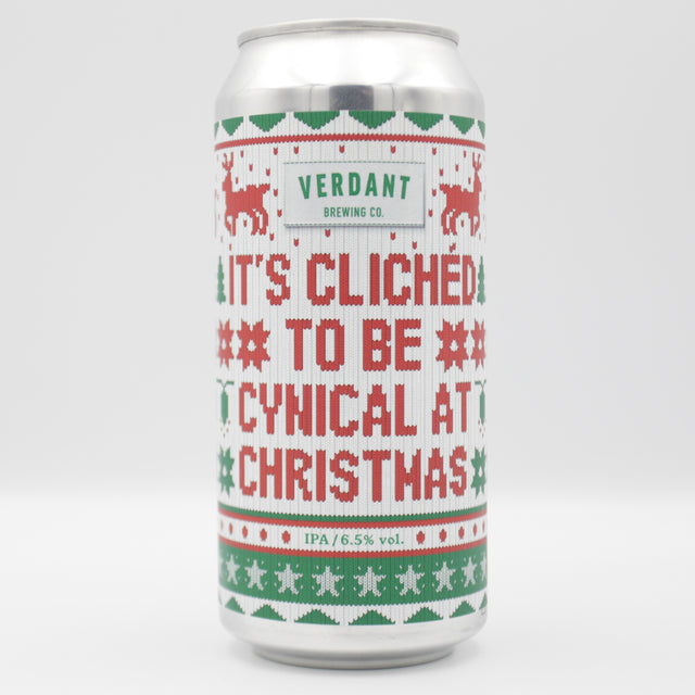 This is a can of Verdant - It's Clichéd To Be Cynical At Christmas - 6.5% (440ml). It is a IPA craft beer available to buy from Ghost Whale, voted London's best craft beer shop.