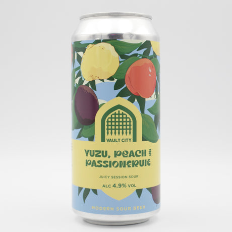 This is a can of Vault City - Yuzu, Peach & Passionfruit - 4.9% (440ml). It is a Sour craft beer available to buy from Ghost Whale, voted London's best craft beer shop.