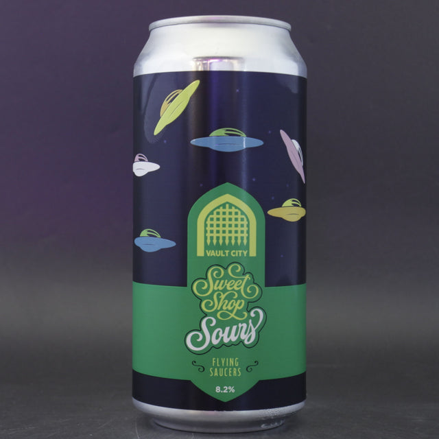 This is a can of Vault City - Sweet Shop: Flying Saucers - 8.2% (440ml). It is a Sour craft beer available to buy from Ghost Whale, voted London's best craft beer shop.