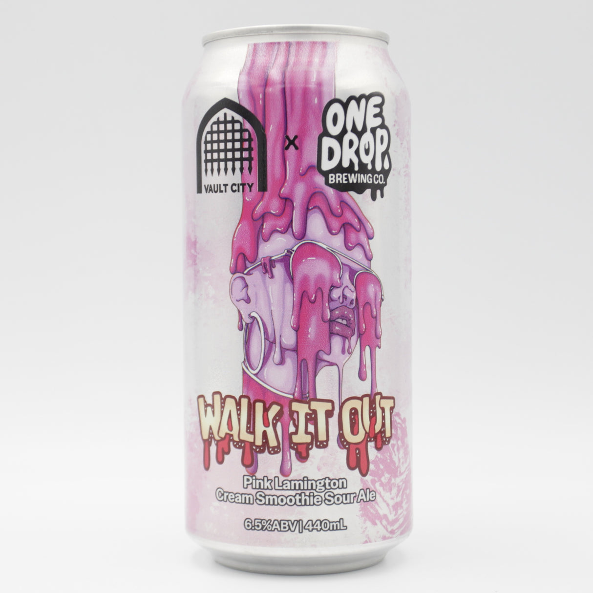 This is a can of One Drop / Vault City - Walk It Out - 6.5% (440ml). It is a Sour craft beer available to buy from Ghost Whale, voted London's best craft beer shop.