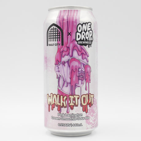 This is a can of One Drop / Vault City - Walk It Out - 6.5% (440ml). It is a Sour craft beer available to buy from Ghost Whale, voted London's best craft beer shop.