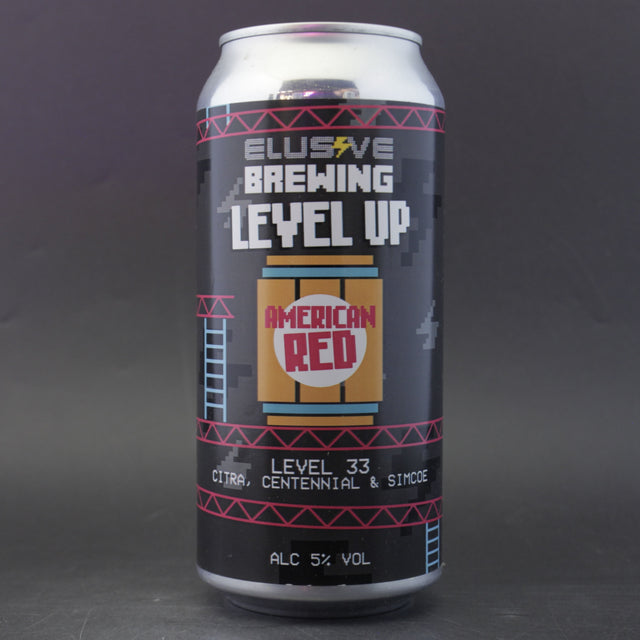 This is a can of Elusive Brewing - Level Up: Level 33 - 5% (440ml). It is a Red / Amber Ale craft beer available to buy from Ghost Whale, voted London's best craft beer shop.