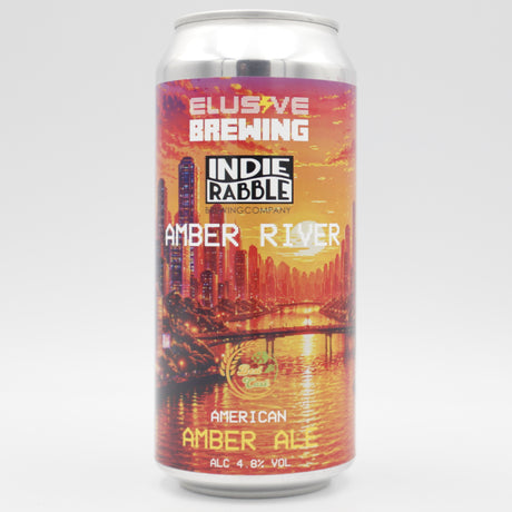 This is a can of Elusive Brewing / Indie Rabble - Amber River - 4.8% (440ml). It is a Red / Amber Ale craft beer available to buy from Ghost Whale, voted London's best craft beer shop.