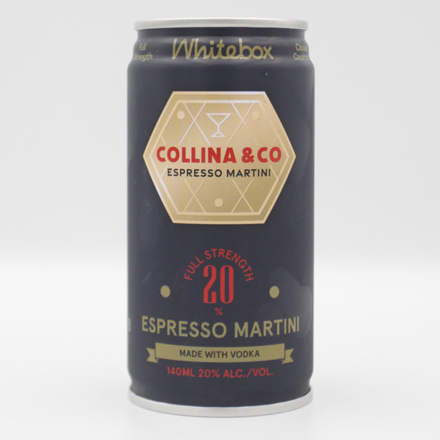 This is a can of Whitebox - Collina & Co Espresso Martini - 20% (140ml). It is a  craft cocktail available to buy from Ghost Whale, voted London's best craft beer shop.