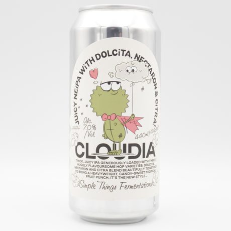 This is a can of Simple Things Fermentations - Cloudia - 7% (440ml). It is a IPA craft beer available to buy from Ghost Whale, voted London's best craft beer shop.
