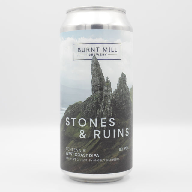 This is a can of Burnt Mill - Stones And Ruins - 8% (440ml). It is a Double IPA craft beer available to buy from Ghost Whale, voted London's best craft beer shop.
