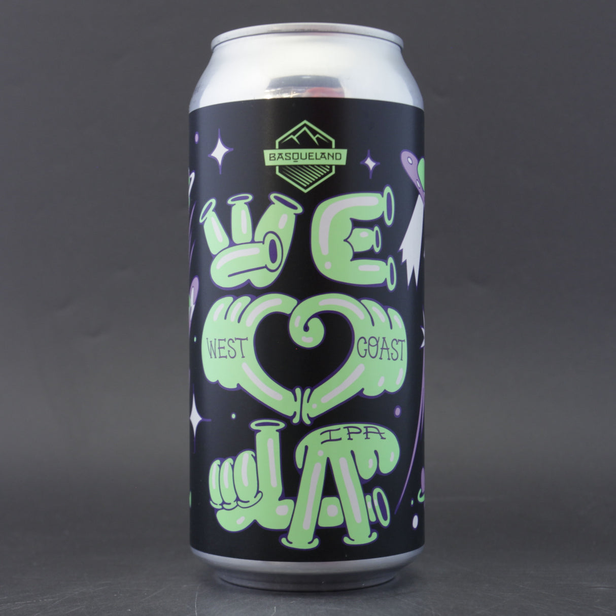 This is a can of Basqueland - We Love LA - 6.5% (440ml). It is a IPA craft beer available to buy from Ghost Whale, voted London's best craft beer shop.