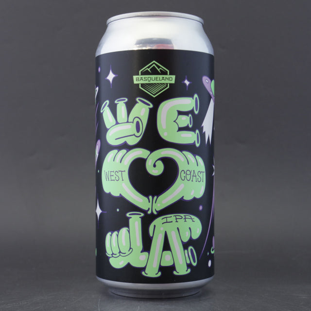 This is a can of Basqueland - We Love LA - 6.5% (440ml). It is a IPA craft beer available to buy from Ghost Whale, voted London's best craft beer shop.