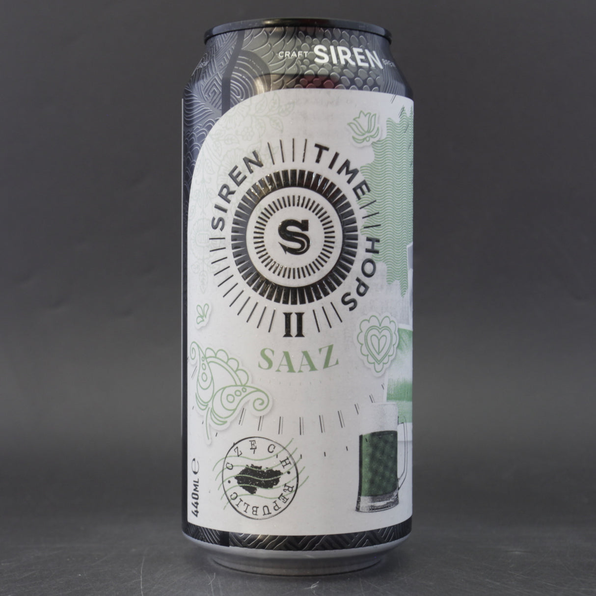 This is a can of Siren - Time Hops: Saaz - 5.1% (440ml). It is a Lager / Pilsner / Kölsch craft beer available to buy from Ghost Whale, voted London's best craft beer shop.