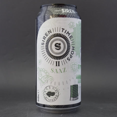 This is a can of Siren - Time Hops: Saaz - 5.1% (440ml). It is a Lager / Pilsner / Kölsch craft beer available to buy from Ghost Whale, voted London's best craft beer shop.