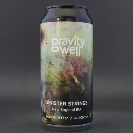 This is a can of Gravity Well - Sinister Strings - 6% (440ml). It is a IPA craft beer available to buy from Ghost Whale, voted London's best craft beer shop.