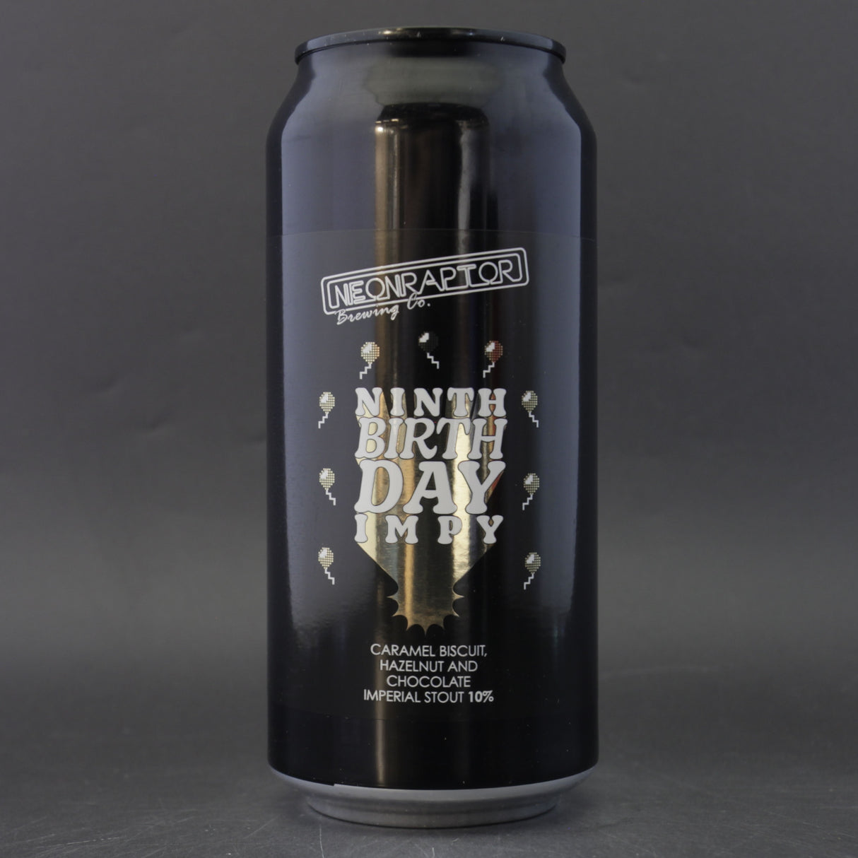 This is a can of Neon Raptor - Ninth Birthday Impy - 10% (440ml). It is a Imperial Stout / Porter craft beer available to buy from Ghost Whale, voted London's best craft beer shop.