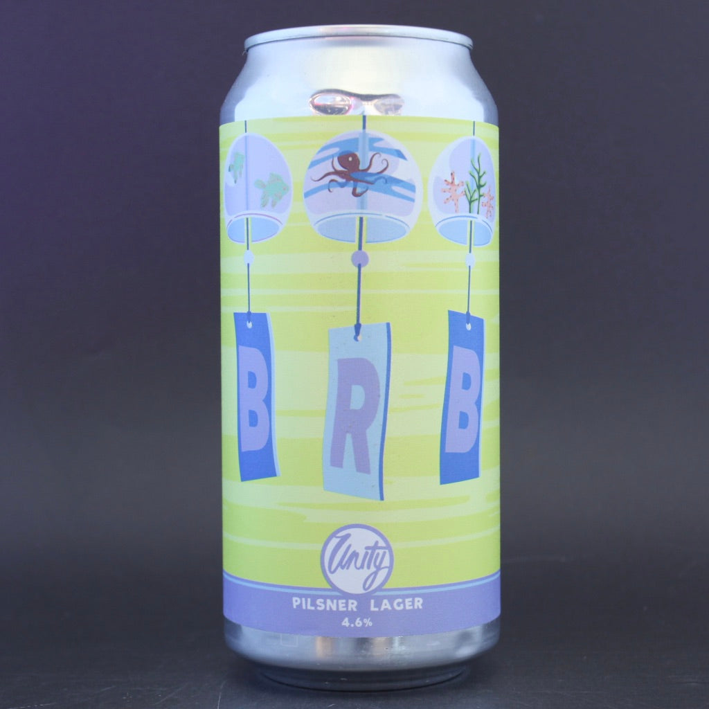 This is a can of Unity - BRB - 4.6% (440ml). It is a Lager / Pilsner / Kölsch craft beer available to buy from Ghost Whale, voted London's best craft beer shop.