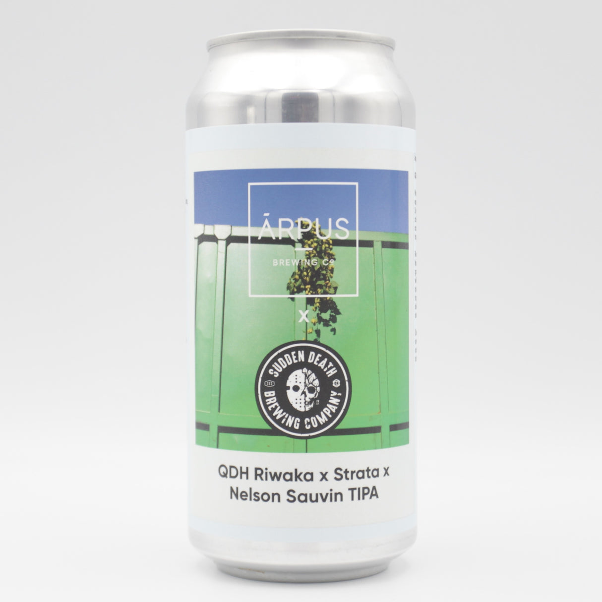 This is a can of Arpus Brewing Co / Sudden Death - QDH Riwaka x Strata x Nelson Sauvin TIPA - 10% (440ml). It is a Triple IPA craft beer available to buy from Ghost Whale, voted London's best craft beer shop.