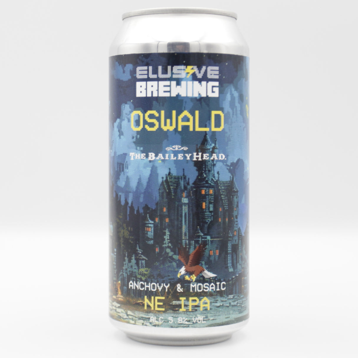 This is a can of Elusive Brewing - Oswald - 5.8% (440ml). It is a IPA craft beer available to buy from Ghost Whale, voted London's best craft beer shop.