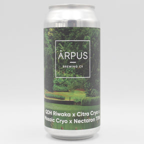 This is a can of Arpus Brewing Co - QDH Riwaka x Citra Cryo x Mosaic Cryo x Nectaron TIPA - 10.3% (440ml). It is a Triple IPA craft beer available to buy from Ghost Whale, voted London's best craft beer shop.