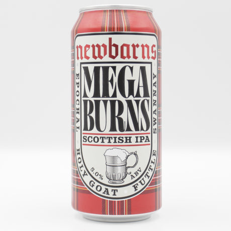 This is a can of Newbarns / Holy Goat - Megaburns - 5% (440ml). It is a IPA craft beer available to buy from Ghost Whale, voted London's best craft beer shop.