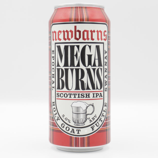 This is a can of Newbarns / Holy Goat - Megaburns - 5% (440ml). It is a IPA craft beer available to buy from Ghost Whale, voted London's best craft beer shop.