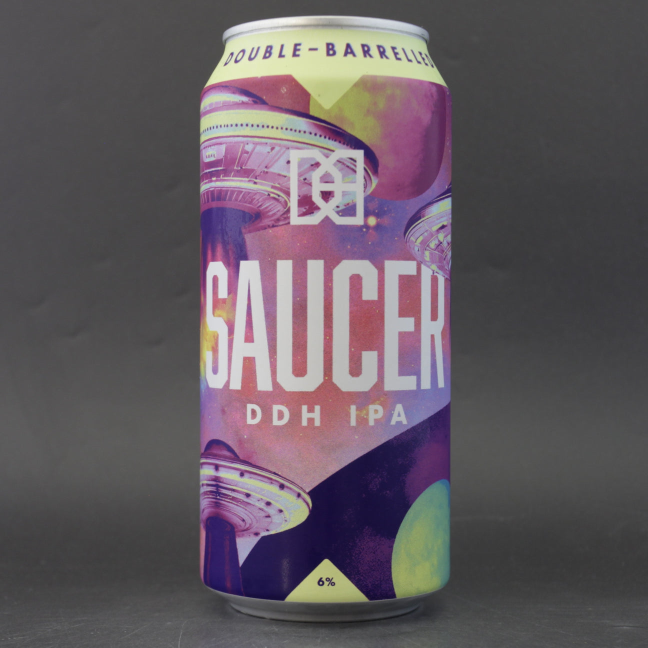 This is a can of Double Barrelled - Saucer - 6% (440ml). It is a IPA craft beer available to buy from Ghost Whale, voted London's best craft beer shop.