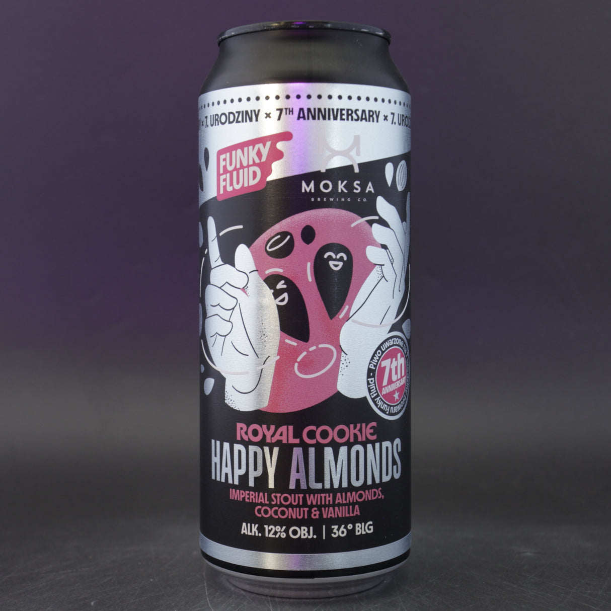 This is a can of Funky Fluid / Moksa - Royal Cookie: Happy Almonds - 12% (500ml). It is a Imperial Stout / Porter craft beer available to buy from Ghost Whale, voted London's best craft beer shop.